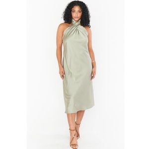 Show Me Your Mumu Jasmine Halter Midi Dress Moss Green Luxe Satin XS